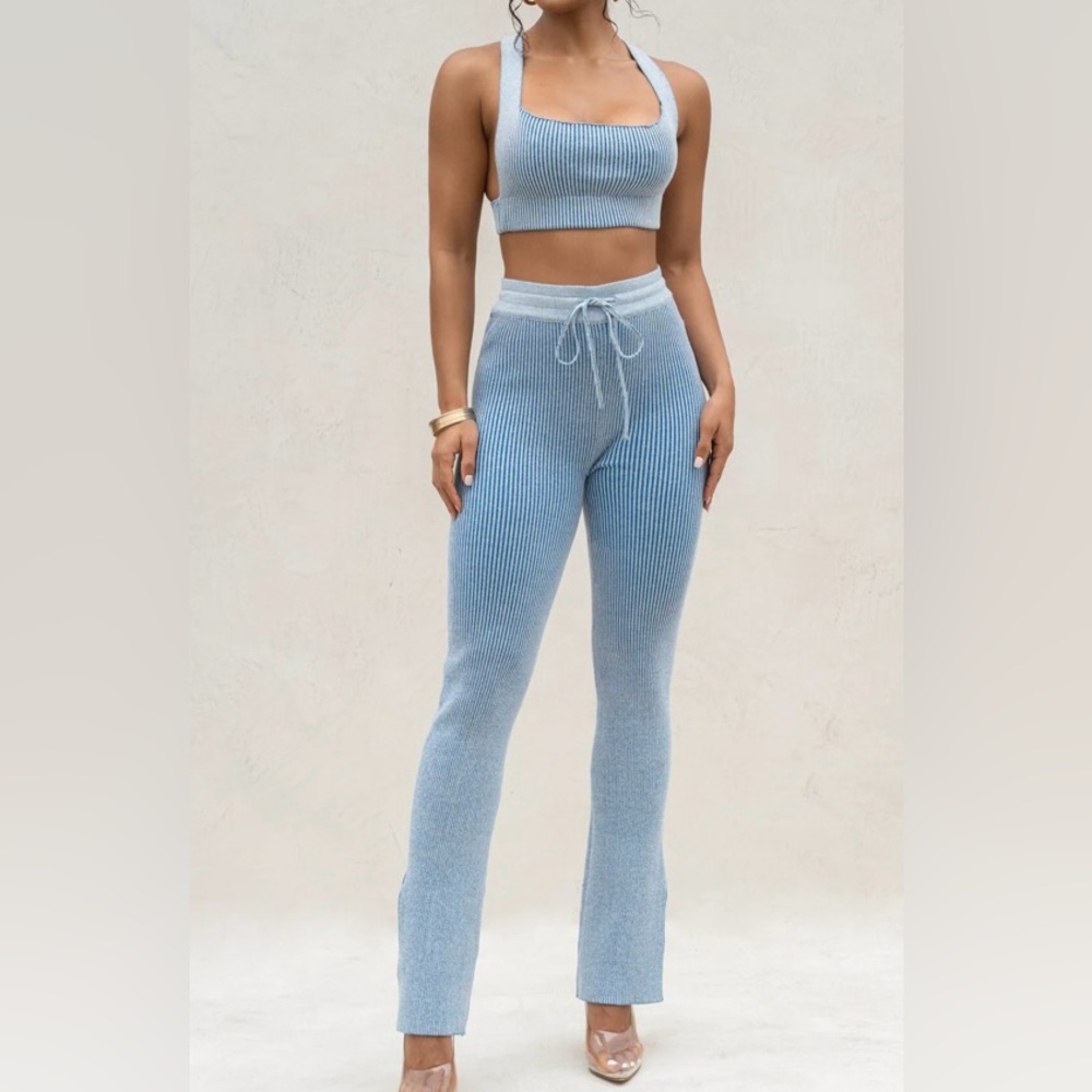 JLUXLABEL Light Blue Ribbed Flare Pants